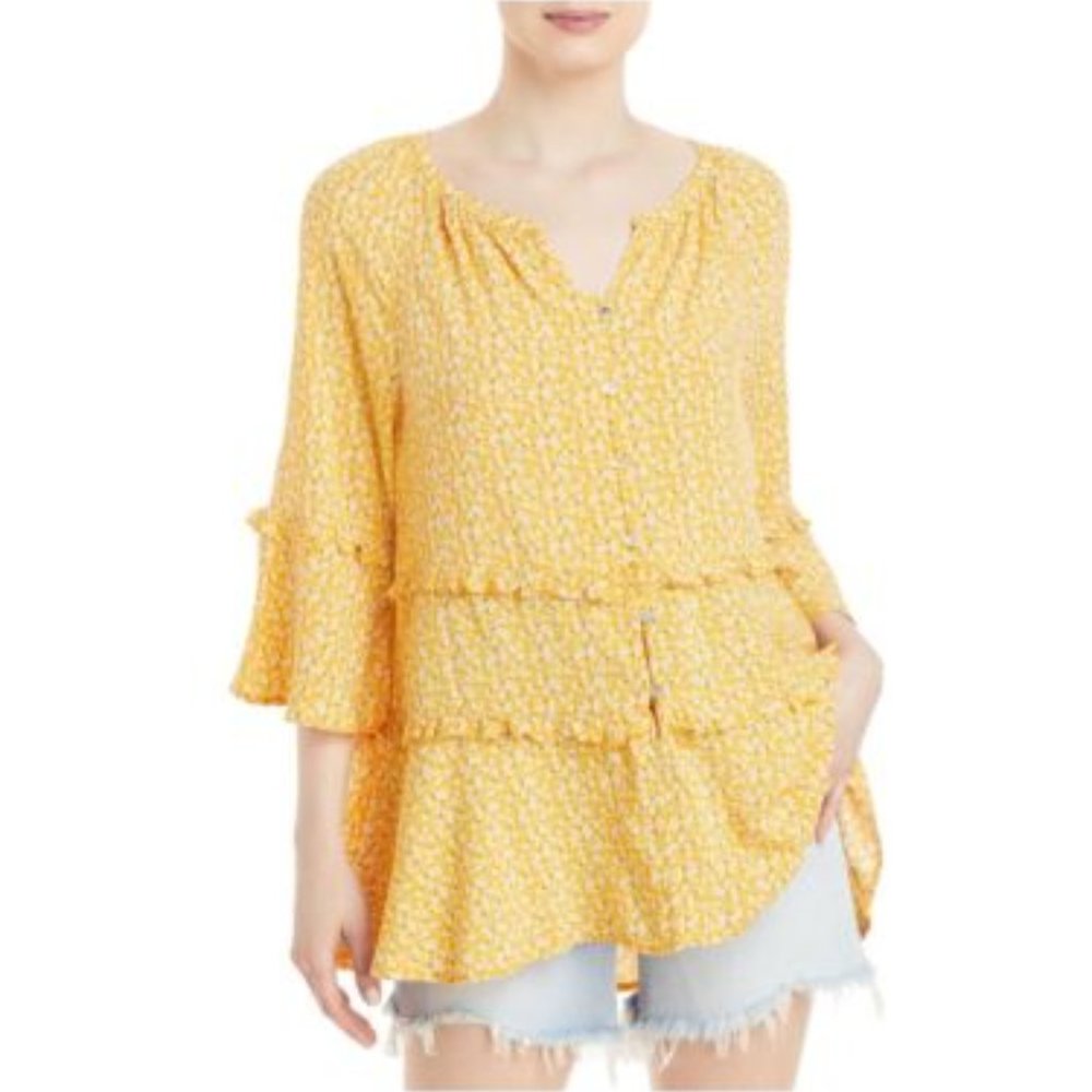BEACHLUNCHLOUNGE yellow ditsy floral tiered ruffle shabby chic button blouse